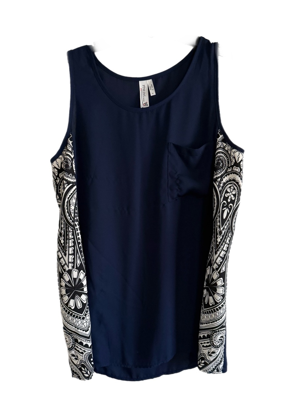 Pink Owl Navy Tank with Black-and-White Paisley Panels Size M